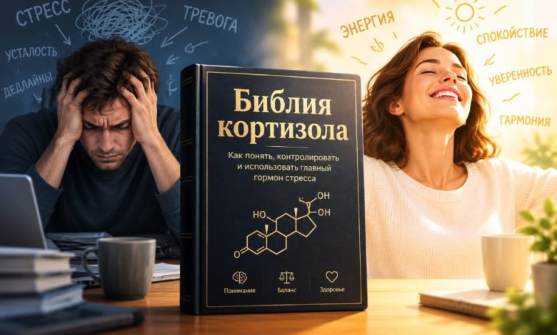 Книга «Библия кортизола» между изображениями человека, испытывающего стресс, и женщины в состоянии спокойствия
