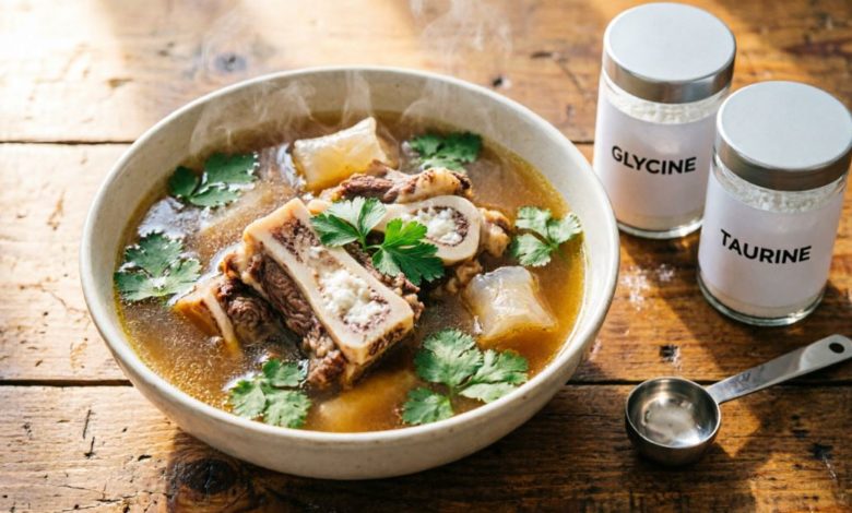 alt="Горячий костный бульон с костями и зеленью рядом с баночками пищевых добавок глицин и таурин на деревянном столе"